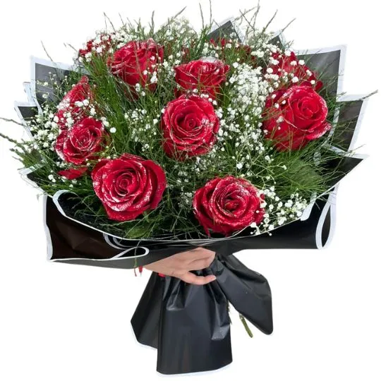 Ramo de 12 rosas rojas abrillantadas